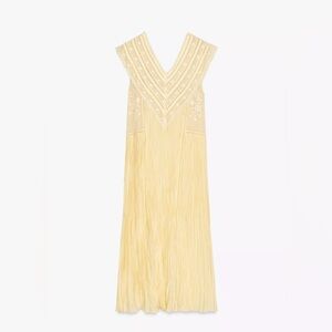 Zara Yellow Embroidered Pleated Maxi Dress